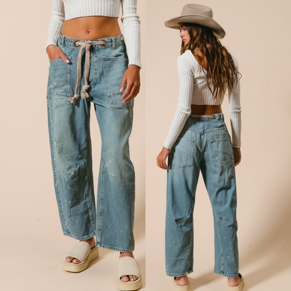 Barrel Jeans Braided Waist Belt Drip Paint Distressed Washed Denim Pants